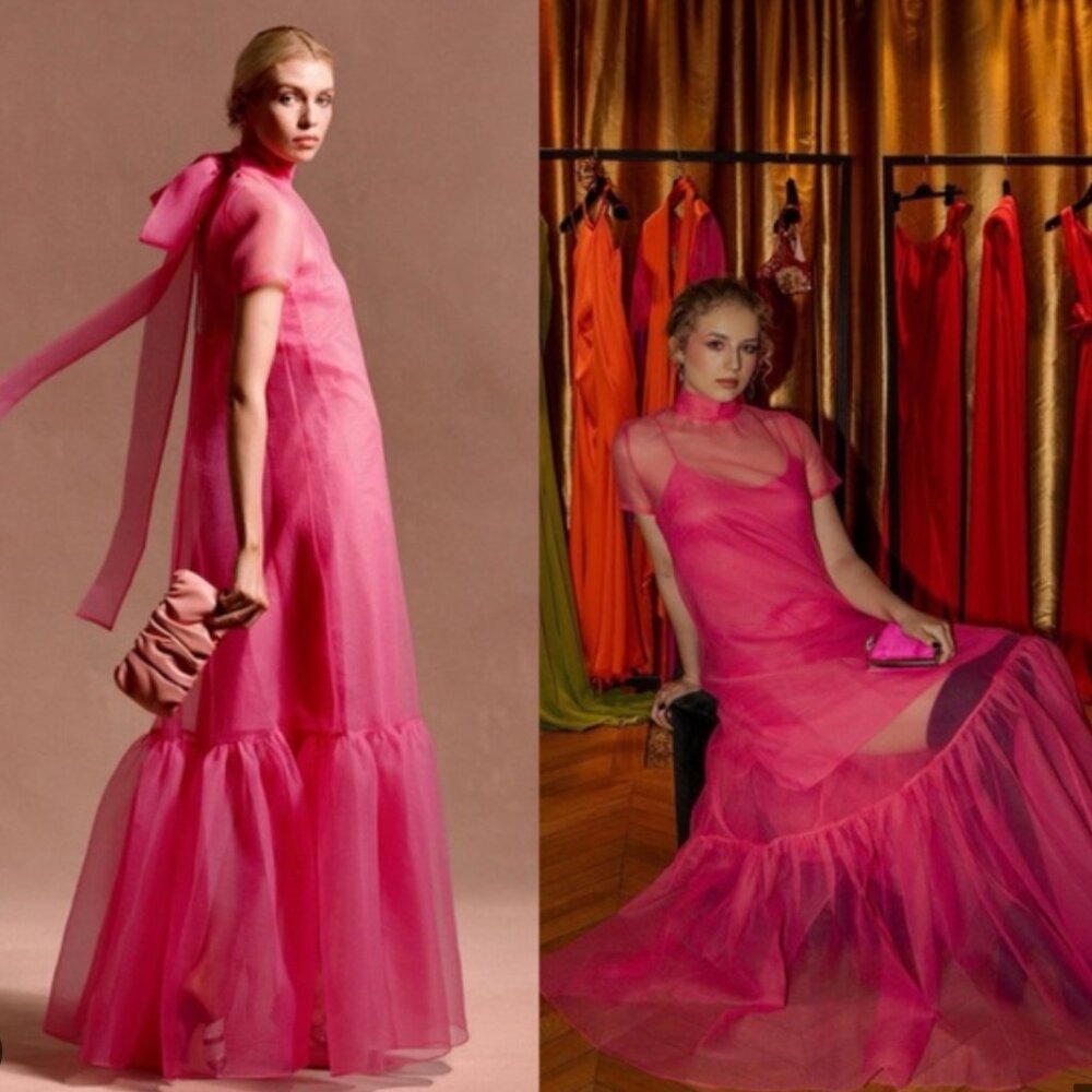 *Cover Only* STAUD Calluna Tiered Tulle Gown Maxi Dress Pink Sheer Bow - Picture 2 of 13